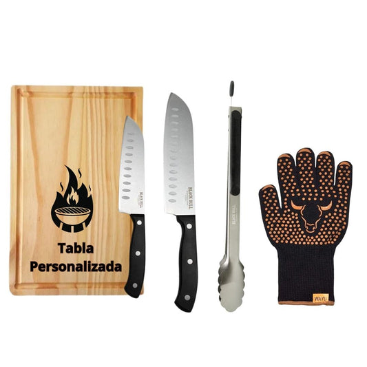 Set Parrillero Tabla + Cuchillos Santoku + Tenaza + Guante Wayu